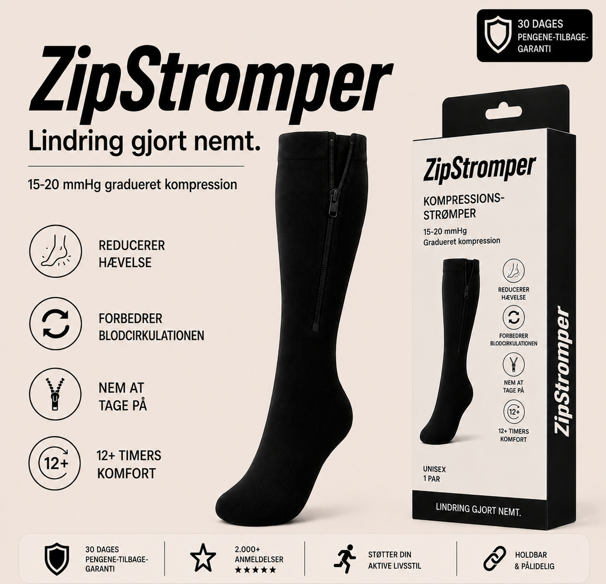 ZipStromper støttestrømper med lynlås
