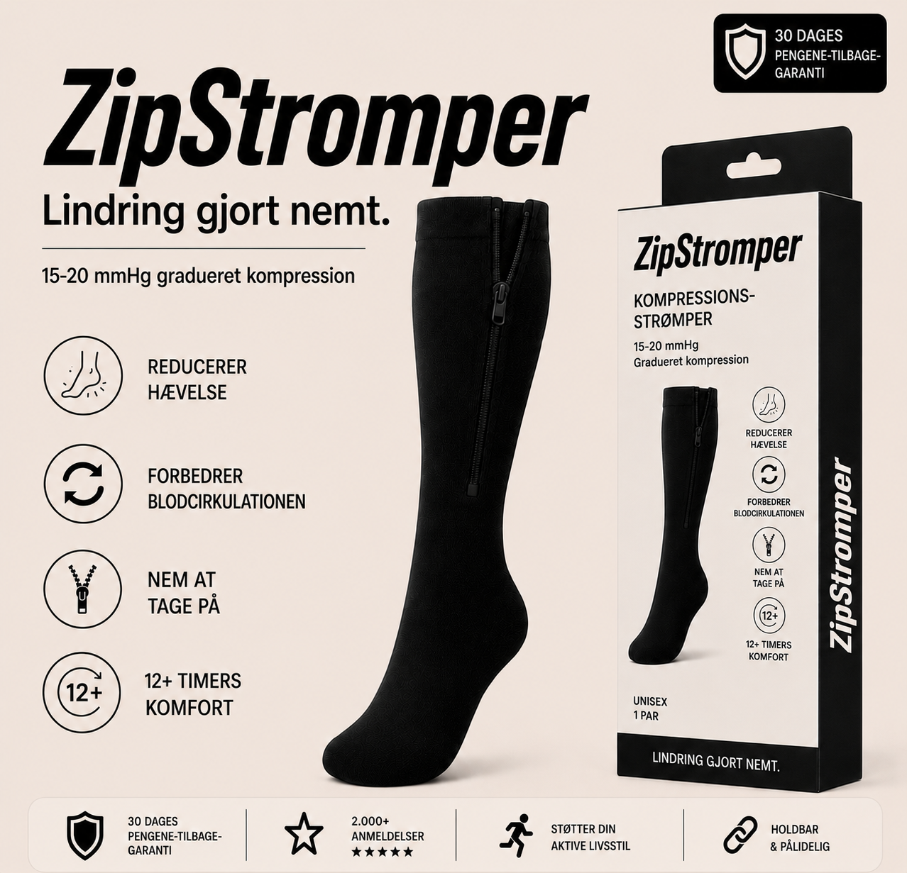 ZipStromper støttestrømper med lynlås