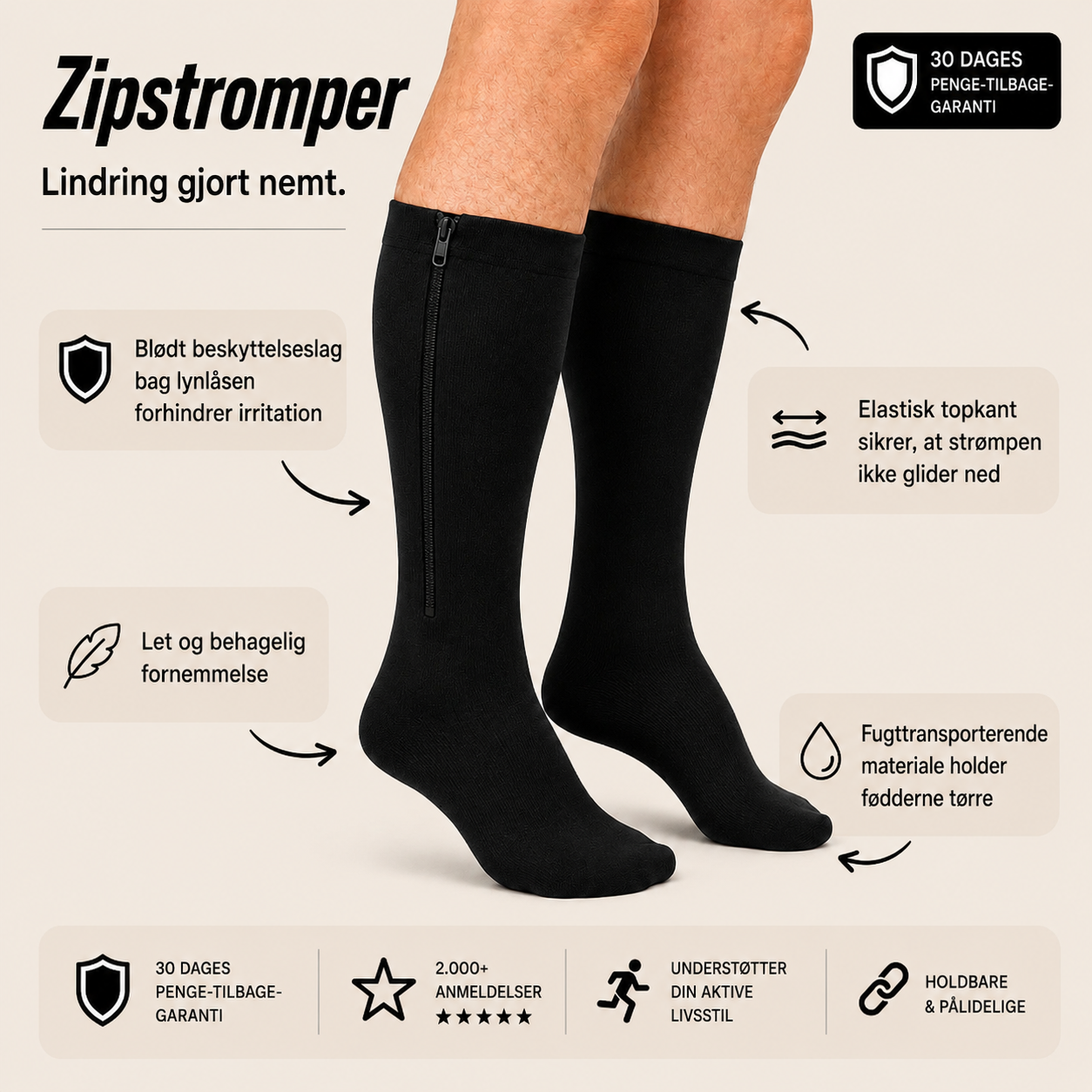 ZipStromper støttestrømper med lynlås